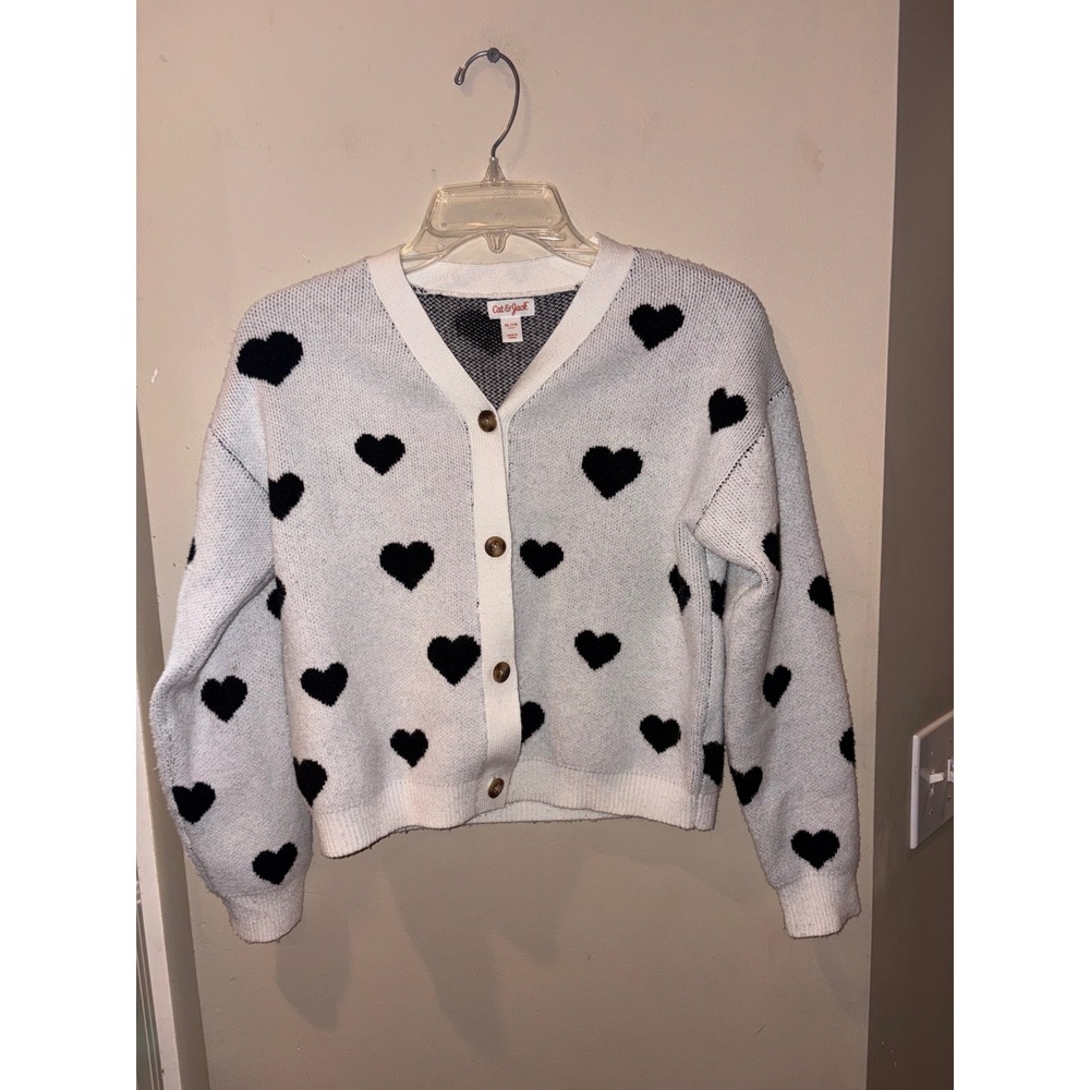 Cat & Jack Girls White Black Heart Button Front Cardigan Sweater XL 14
